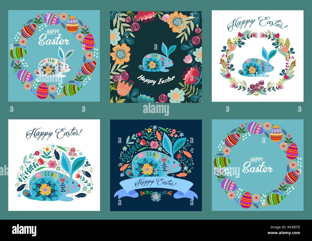 Felice Pasqua. Set di modelli per le schede e i banner con il Cartoon carino piatto di uova, coniglio e fiori. Vettore Illustrazione Vettoriale