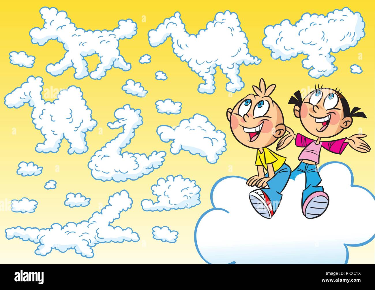 La figura mostra la fantasia dei bambini gioco. Essi volare sulle nuvole, che sono rappresentati nelle immagini di vari animali. Illustrazione Vettoriale