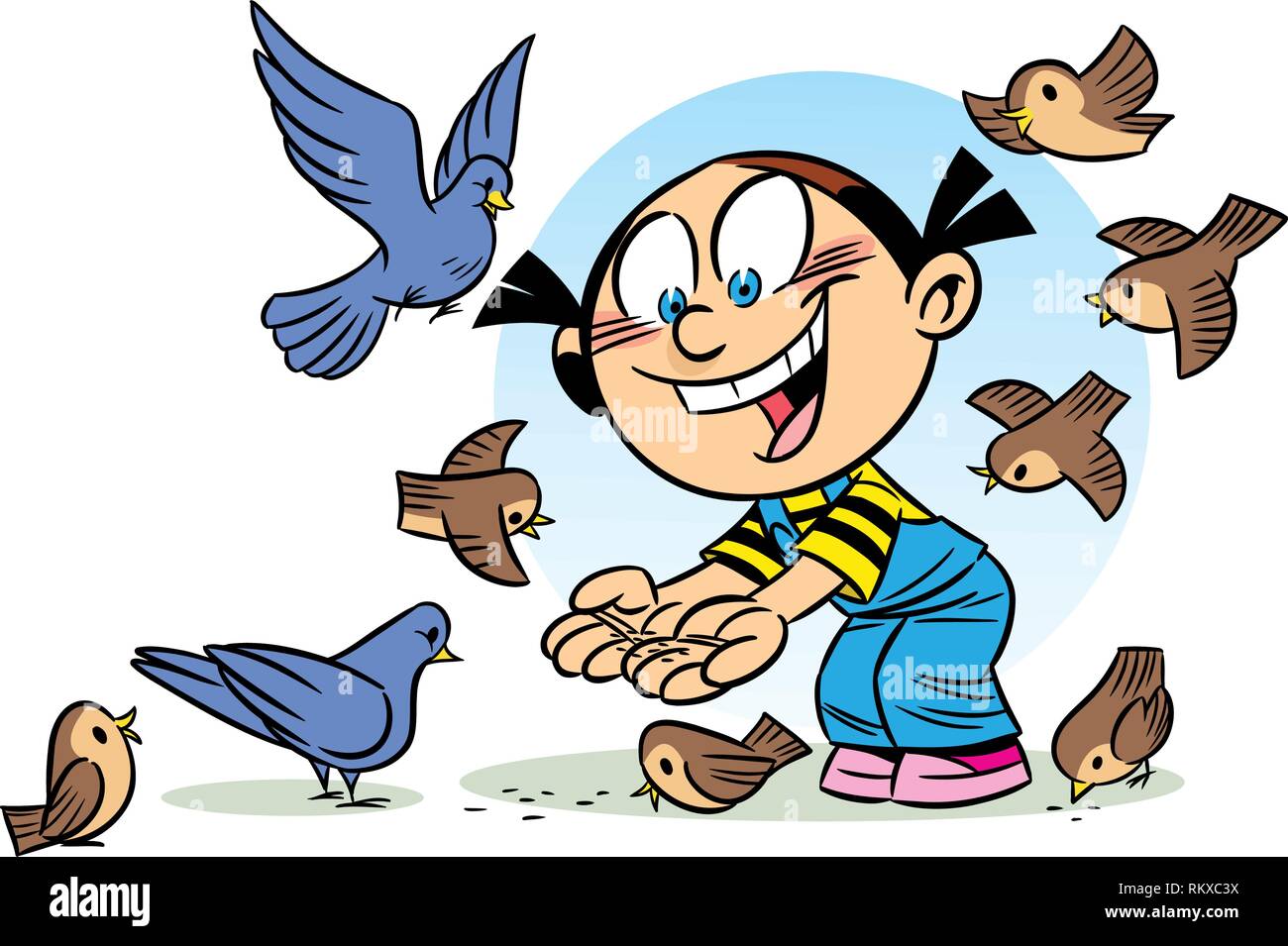 La figura mostra una ragazza che alimenta il grano di uccelli. Illustrazione fatta in stile cartoon. Illustrazione Vettoriale