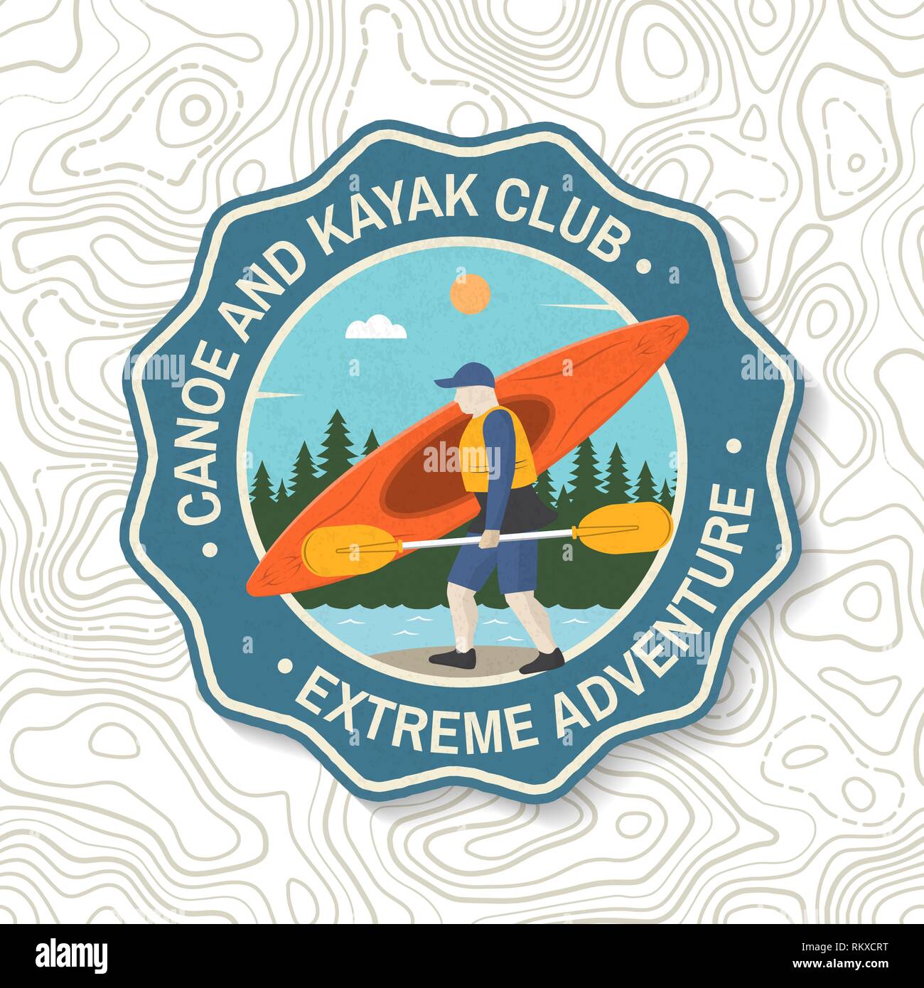 Canoa e Kayak club badge. Concetto di vettore per la camicia, patch, il timbro o il raccordo a t. Vintage design tipografia con silhouette di kayaker. Extreme sport d'acqua. Outdoor adventure emblemi, kayak patch. Illustrazione Vettoriale