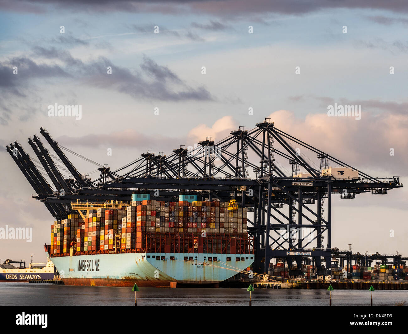 Commercio internazionale - i contenitori di spedizione vengono caricate e scaricate da una Maersk Container nave nel porto di Felixstowe UK. Foto Stock