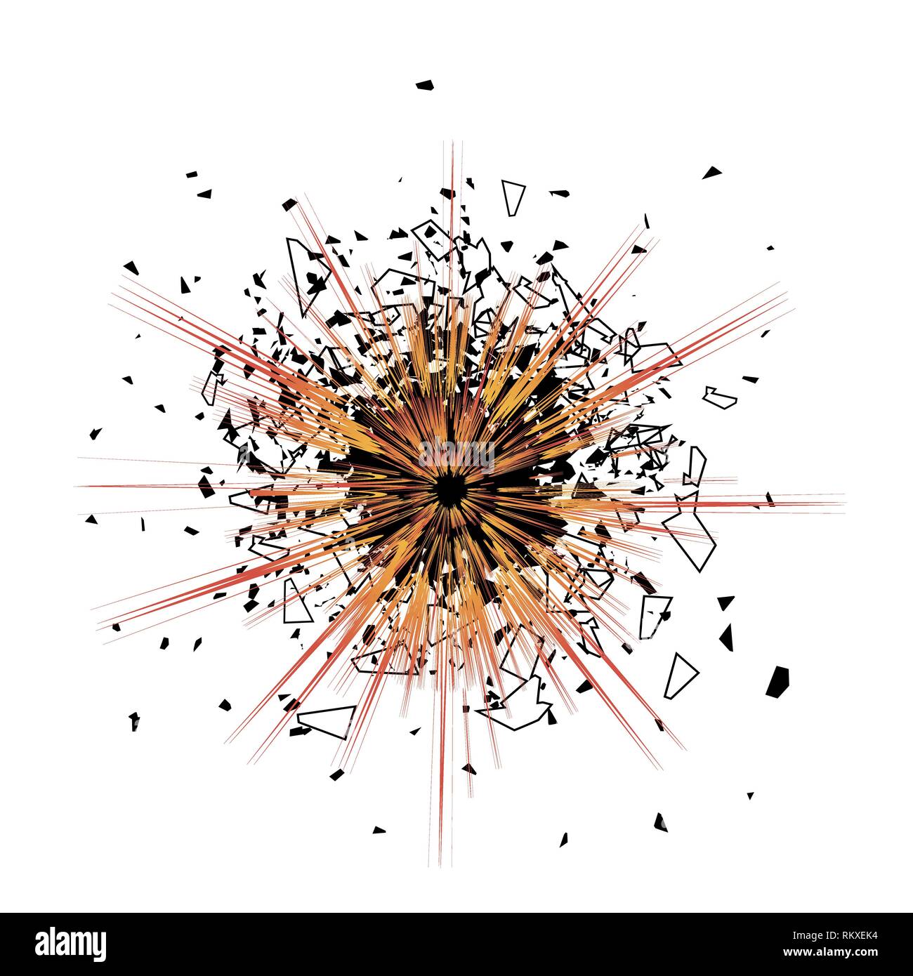 Esplosione nuvola di pedine nere su sfondo bianco. Particelle taglienti battenti in modo casuale Illustrazione Vettoriale