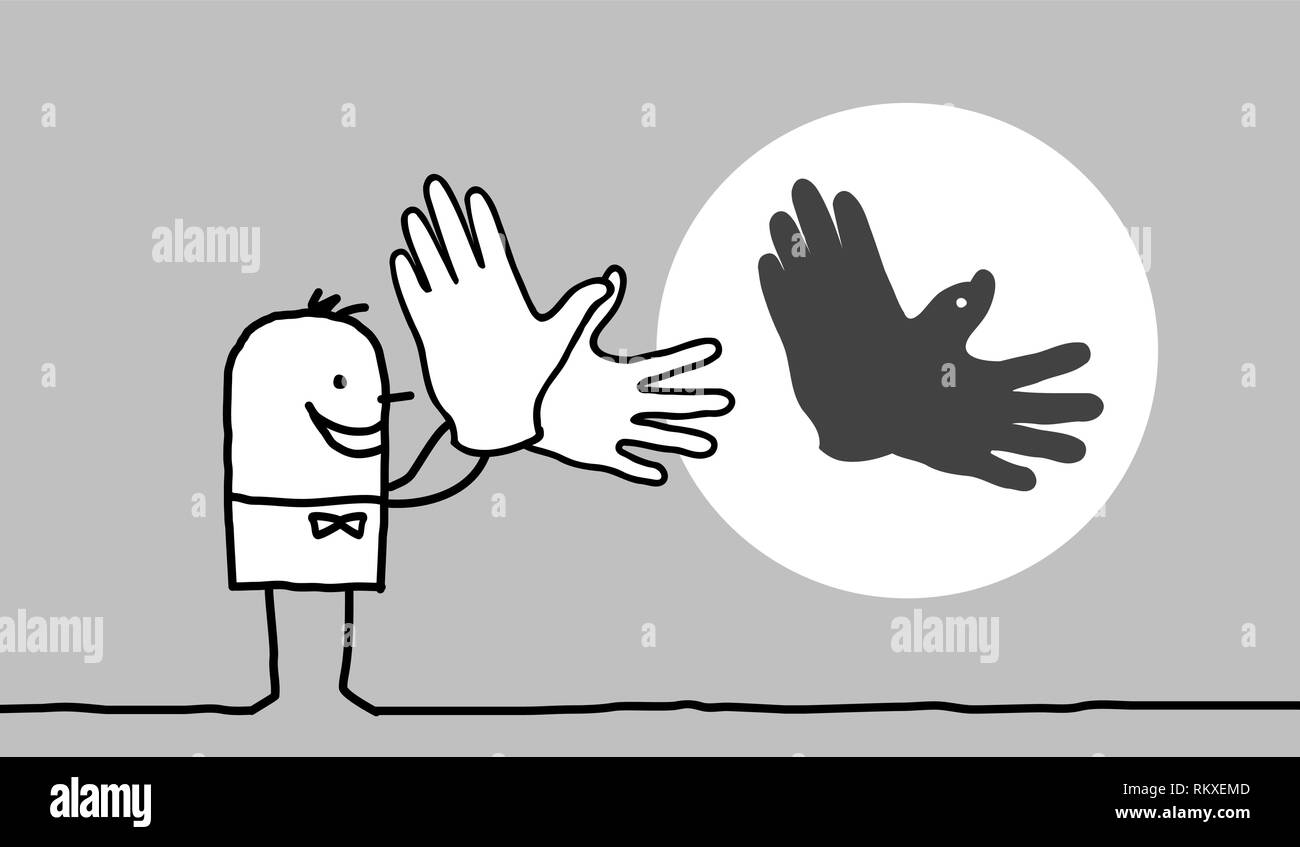 Cartoon uomo facendo bird shadow con le mani Illustrazione Vettoriale