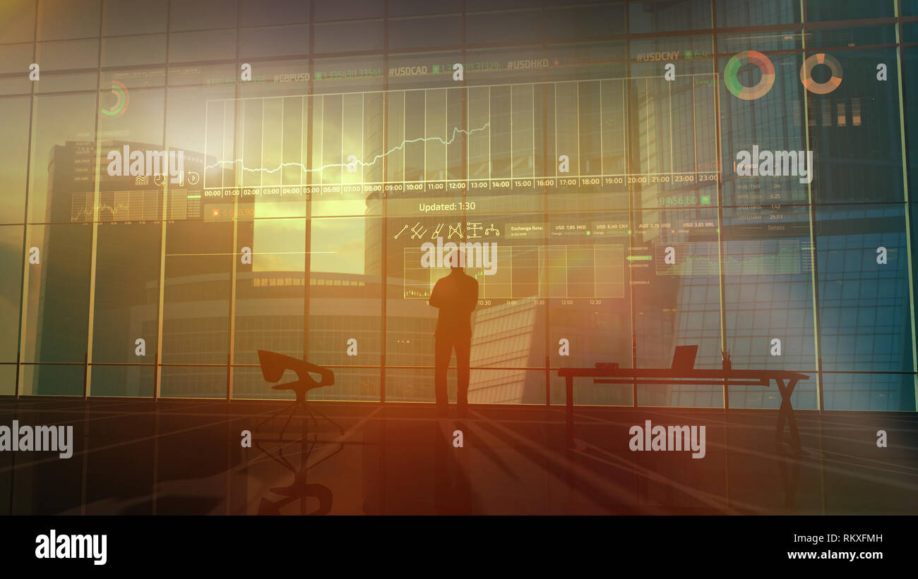 Il trader considera i dati da exchange Foto Stock