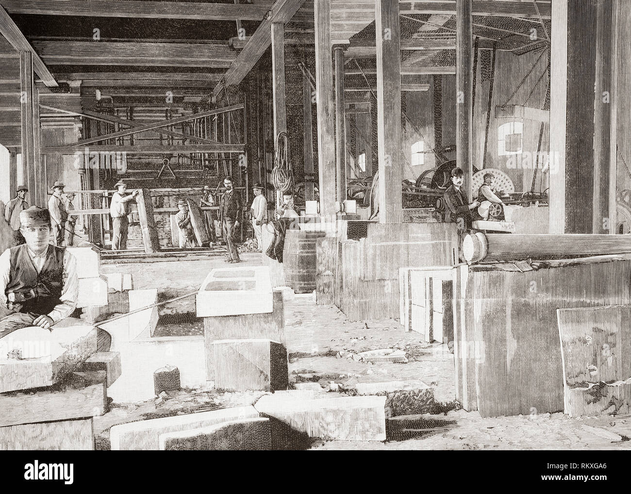 Lavoratori il taglio del marmo nella cava di marmo, Fuenteheridos, Huelva, Spagna nel XIX secolo. Da La Ilustracion Española y Americana, pubblicato nel 1892. Foto Stock