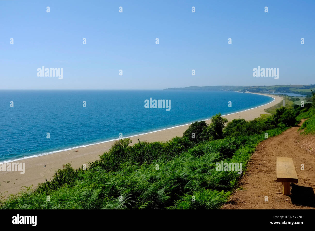 Vista di Slapton Sands, lunga 5 km, da Strete Gate, South Devon, UK Foto Stock