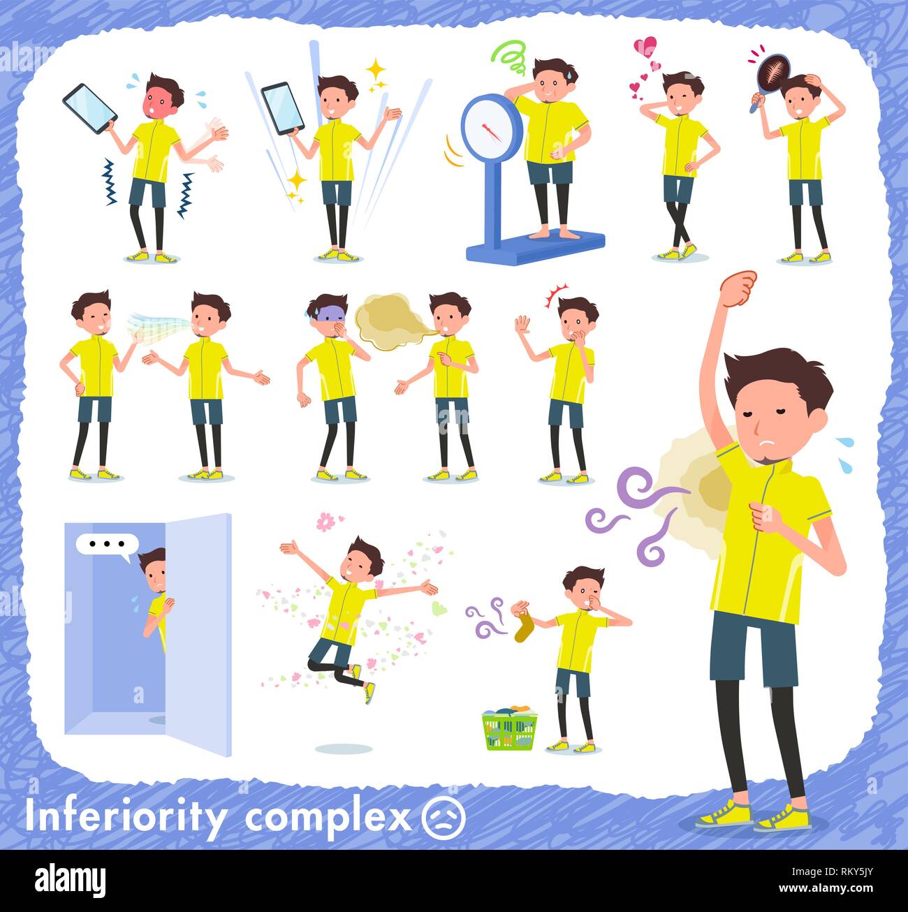 Un insieme di uomo in abbigliamento sportivo sul complesso di inferiorità.Ci sono azioni che soffrono di odore e aspetto.it vettore dell'arte così è facile da modificare. Illustrazione Vettoriale