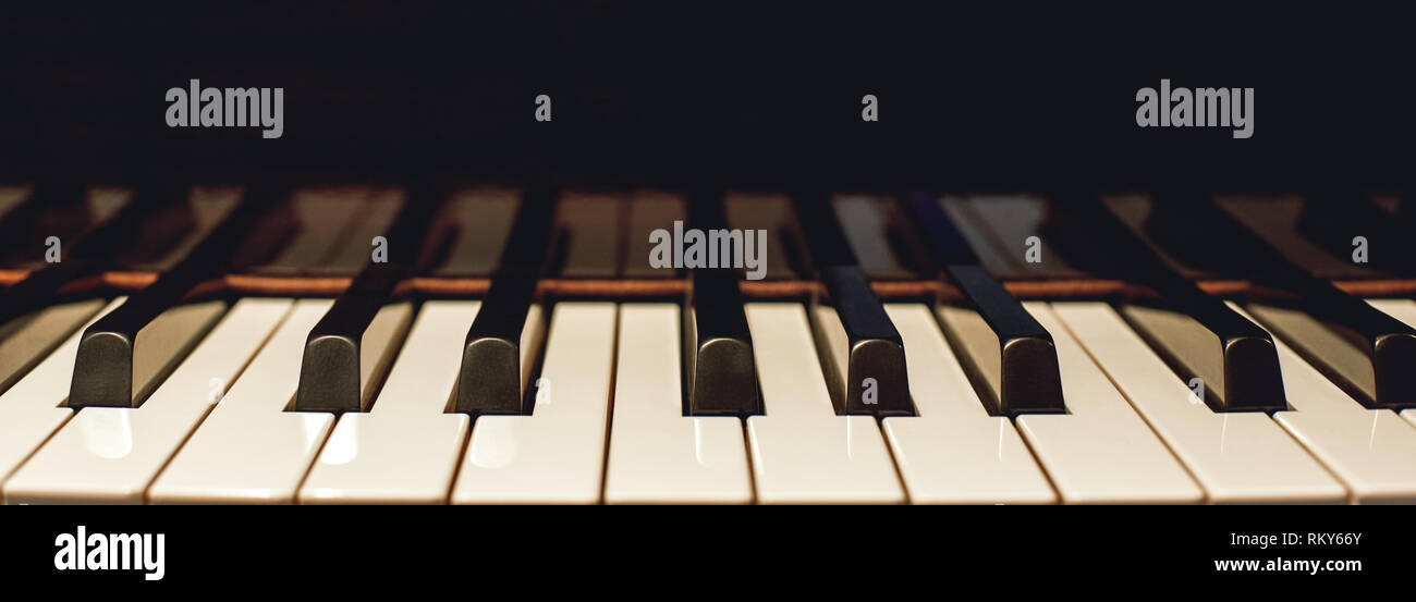 Imparare a suonare il pianoforte. Vista ravvicinata del bianco e del nero di tasti di pianoforte. Strumento musicale. Educazione musicale. Tastiera di pianoforte Foto Stock