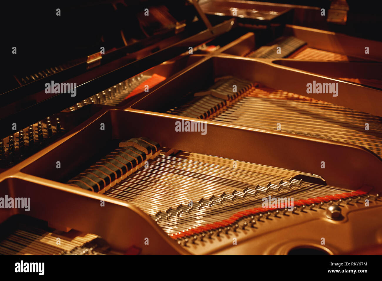 Tuning il tuo pianoforte. Vista ravvicinata di martelli, le stringhe e i perni all'interno del pianoforte. Strumenti musicali. Meccanismo di pianoforte Foto Stock