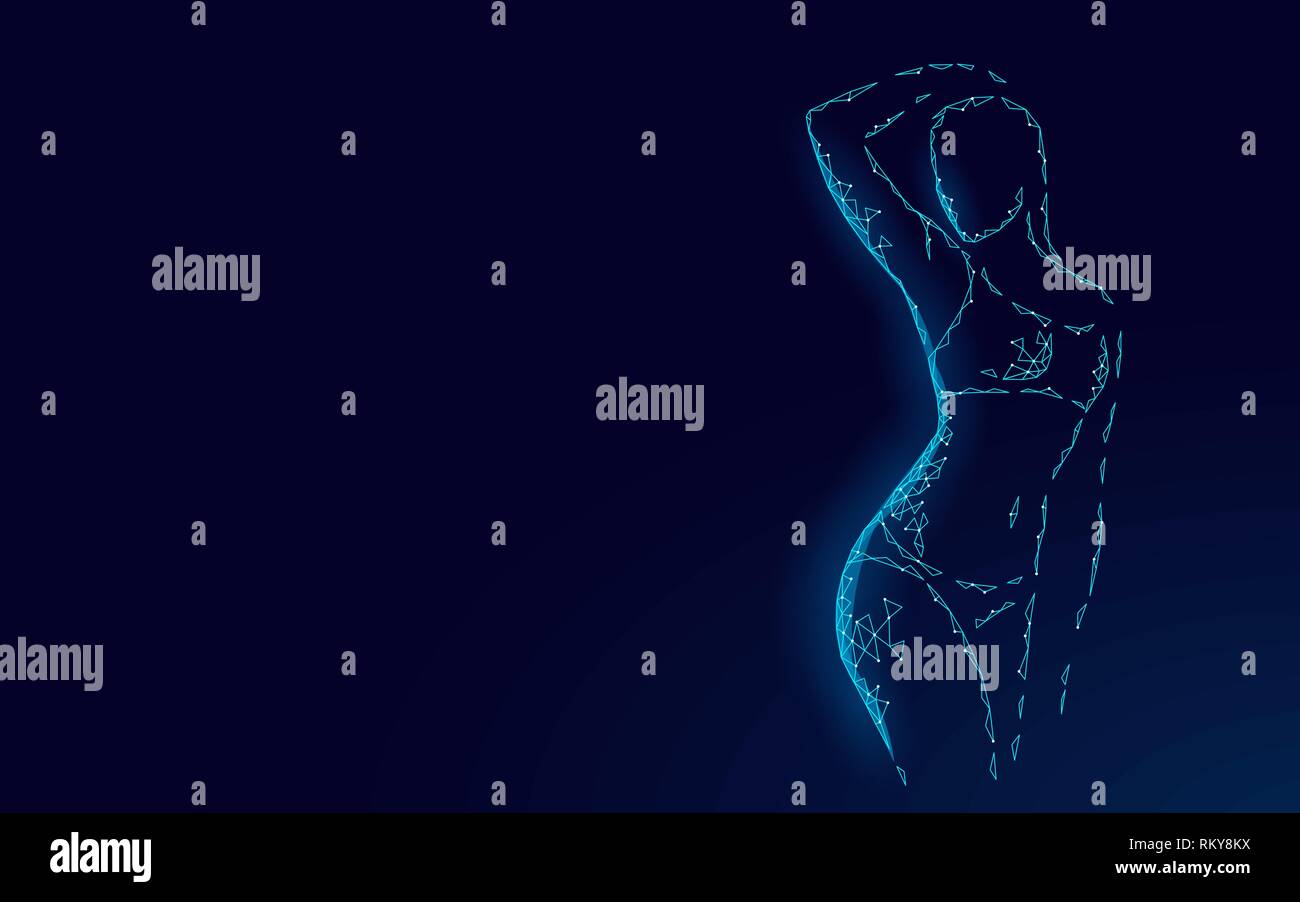 Donna slim silhouette di forma bassa poli. Bellezza Fitness girl grazioso corpo. Blu scuro motivazione poligonale palestra dance classe modello di pagina di intestazione vettore Illustrazione Vettoriale