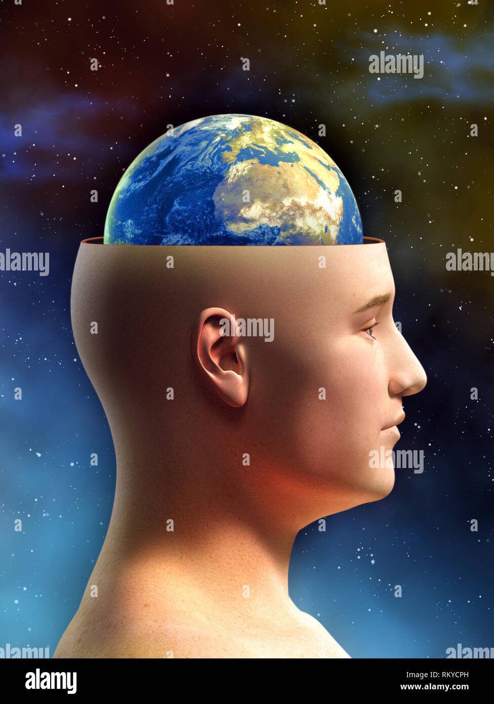 Giovane maschio figura ha la parte superiore della sua testa rimossa, che mostra la terra in luogo del suo cervello. Illustrazione Digitale. Foto Stock