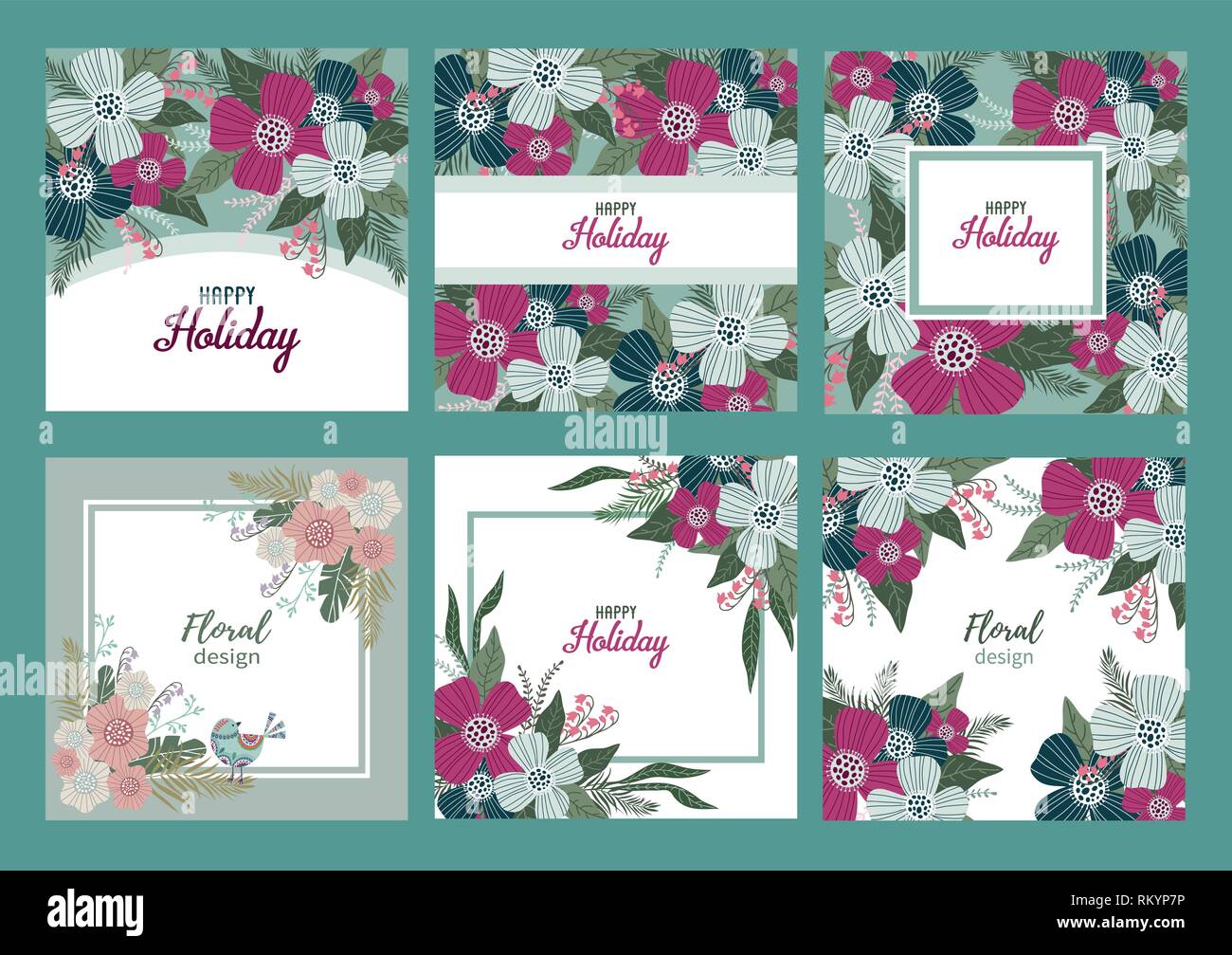 Happy Holiday. Set di modelli per le schede e i banner con graziosi fiori scarabocchi, vettore Illustrazione Vettoriale