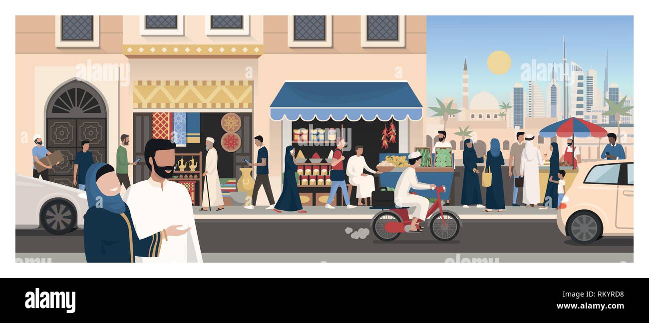Cartolina dal Medio Oriente: Viaggi e turismo concept, edifici tradizionali, persone e cucina di strada Illustrazione Vettoriale
