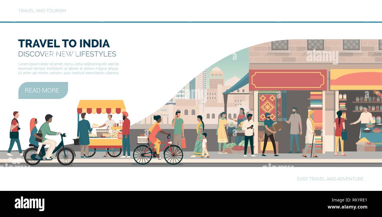 Viaggio in India: vacanze e turismo banner con edifici tradizionali, persone e cucina di strada Illustrazione Vettoriale