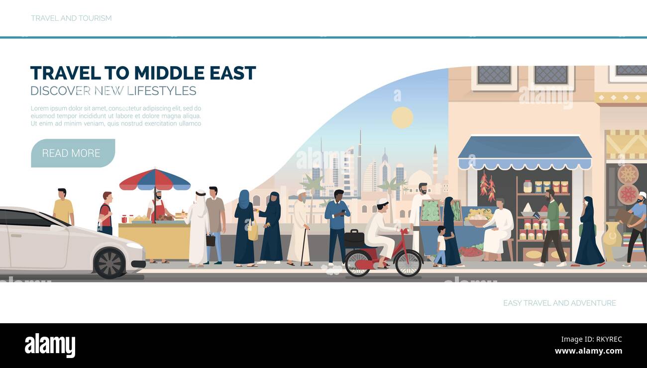 Viaggio in Medio Oriente: vacanze e turismo banner con edifici tradizionali, persone e cucina di strada Illustrazione Vettoriale