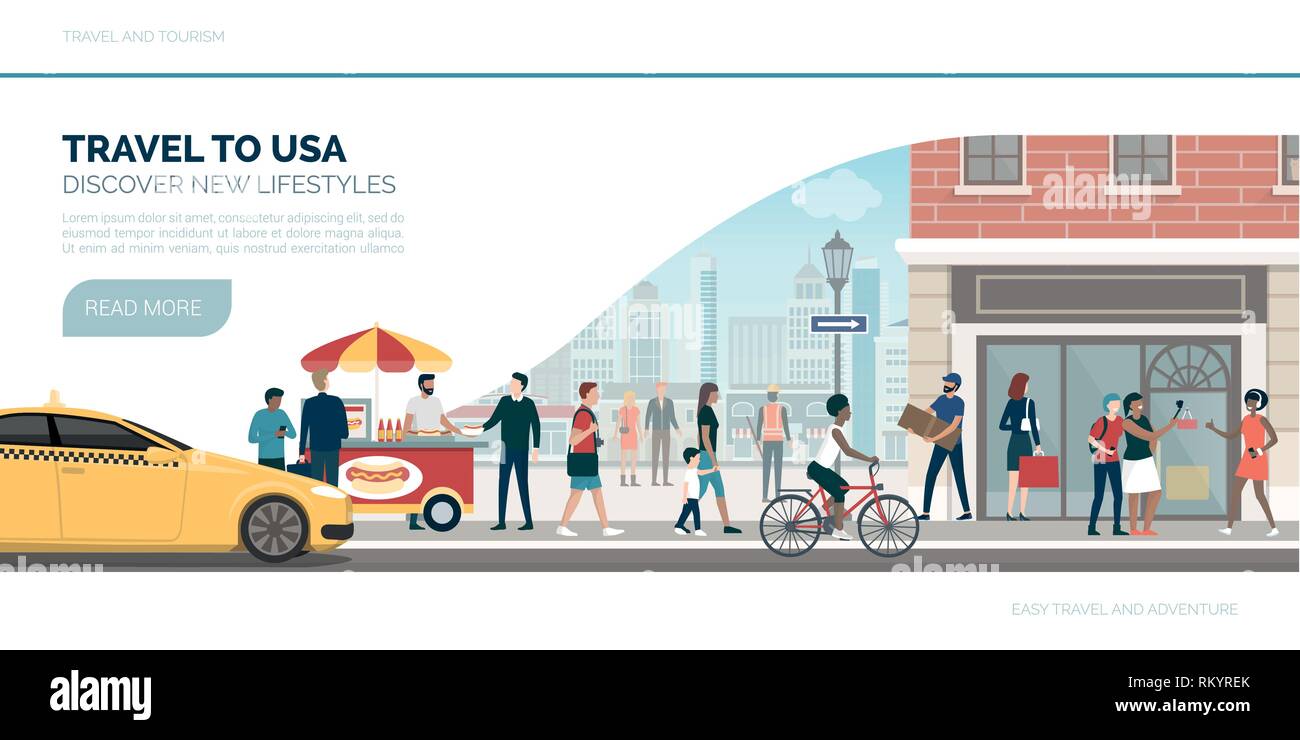 Viaggiare a Stati Uniti: vacanze e turismo banner con edifici tradizionali, persone e cucina di strada Illustrazione Vettoriale