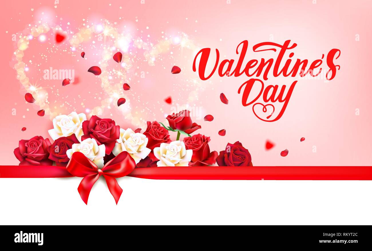 Il giorno di San Valentino il vettore banner. Felice il giorno di san valentino biglietto di auguri con rose, cuori di elementi di forma e il nastro. Il decor del vettore di elementi di vacanza. Illustrazione Vettoriale