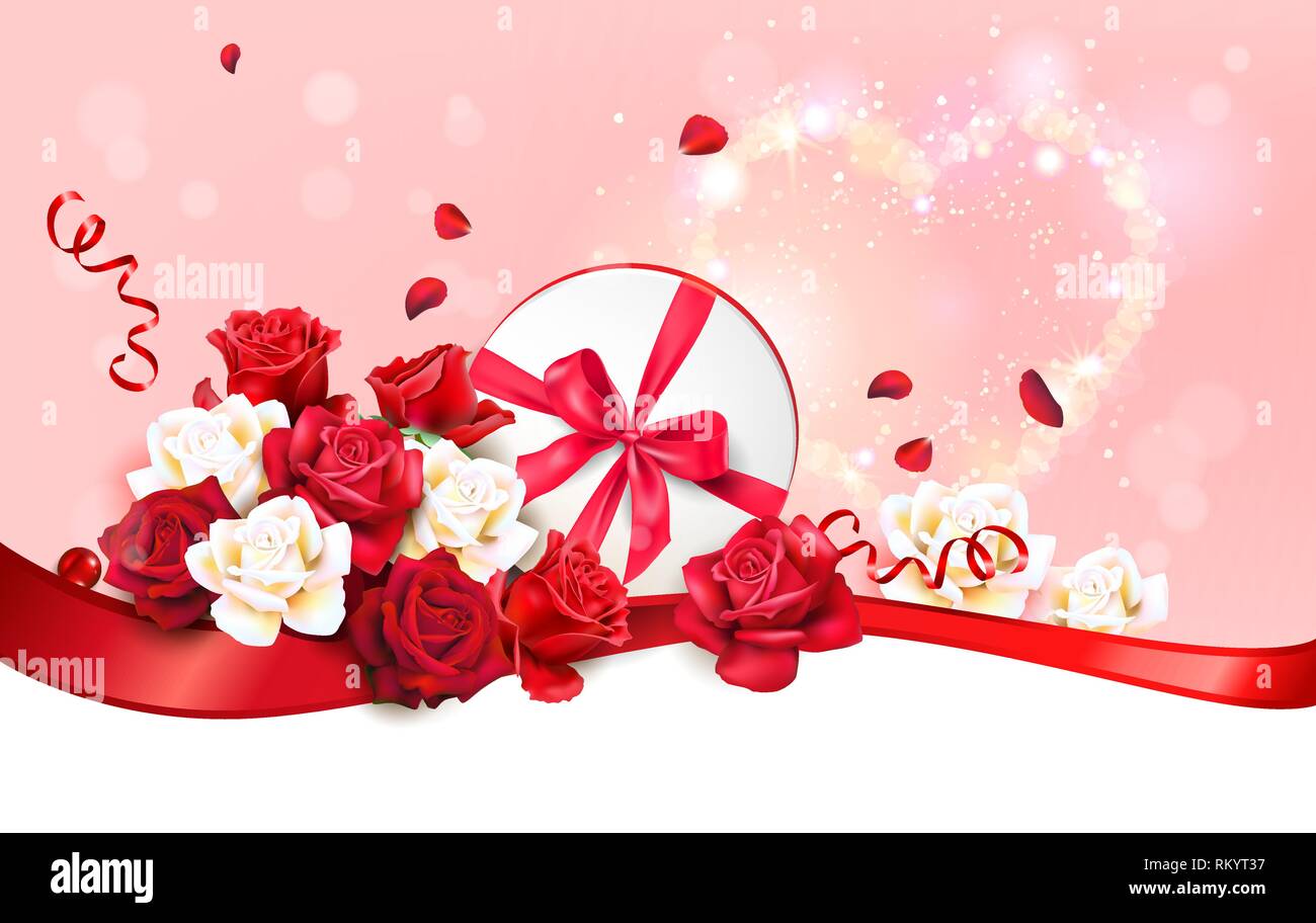 Il giorno di San Valentino il vettore banner. Felice il giorno di san valentino biglietto di auguri con rose, cuori di elementi di forma e il nastro. Il decor del vettore di elementi di vacanza. Illustrazione Vettoriale