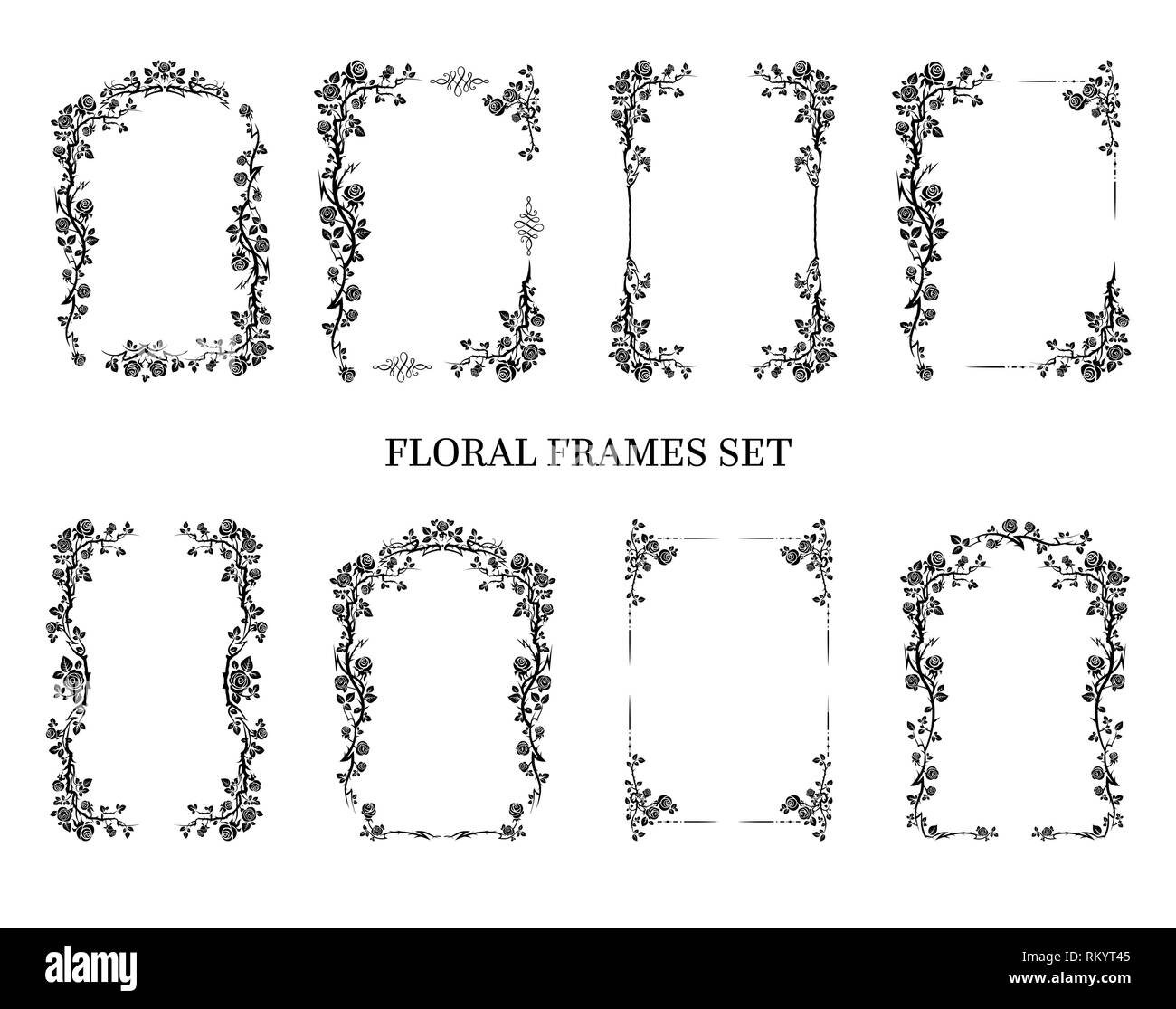 Nero elegante set di cornici di rose per le feste di nozze di design, anniversario festa di compleanno. Per l'invito, biglietto, foglio, banner, poster e il tatuaggio. Fairy prosperare gli elementi di design Illustrazione Vettoriale
