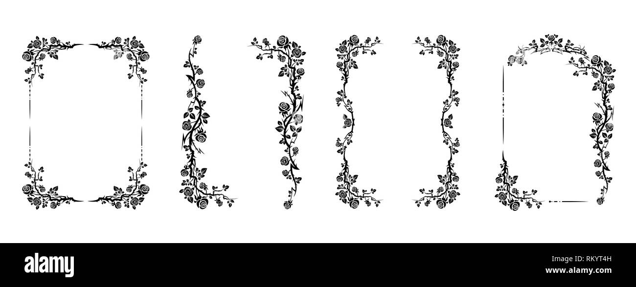 Nero elegante set di cornici di rose per le feste di nozze di design, anniversario festa di compleanno. Per l'invito, biglietto, foglio, banner, poster e il tatuaggio. Fairy prosperare gli elementi di design Illustrazione Vettoriale