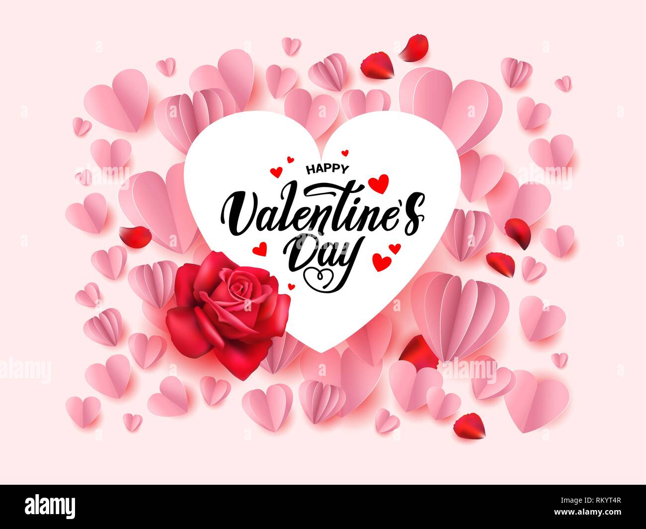 Felice il giorno di san valentino biglietto di auguri con rose, cuori di elementi di forma e il nastro. Illustrazione Vettoriale. Illustrazione Vettoriale