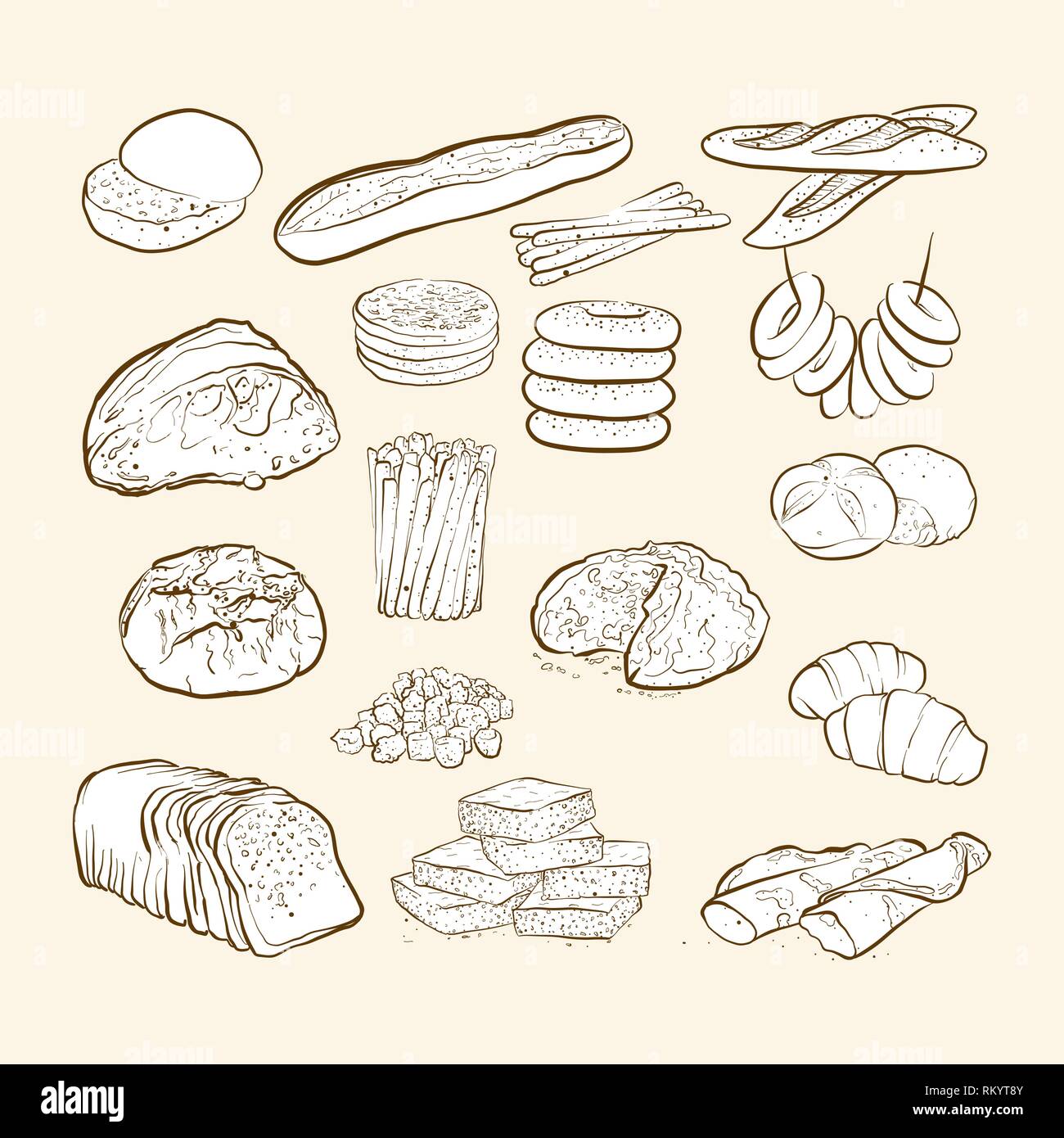 Pane e prodotti da forno, icone disegnate a mano illustrazione vettoriale Illustrazione Vettoriale