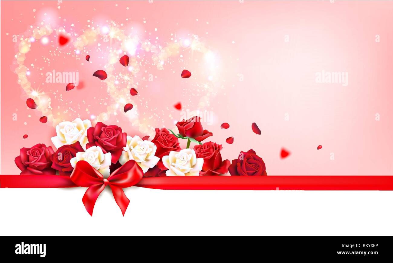 Il giorno di San Valentino il vettore banner. Felice il giorno di san valentino biglietto di auguri con rose, cuori di elementi di forma e il nastro. Il decor del vettore con nastro e le rose Illustrazione Vettoriale