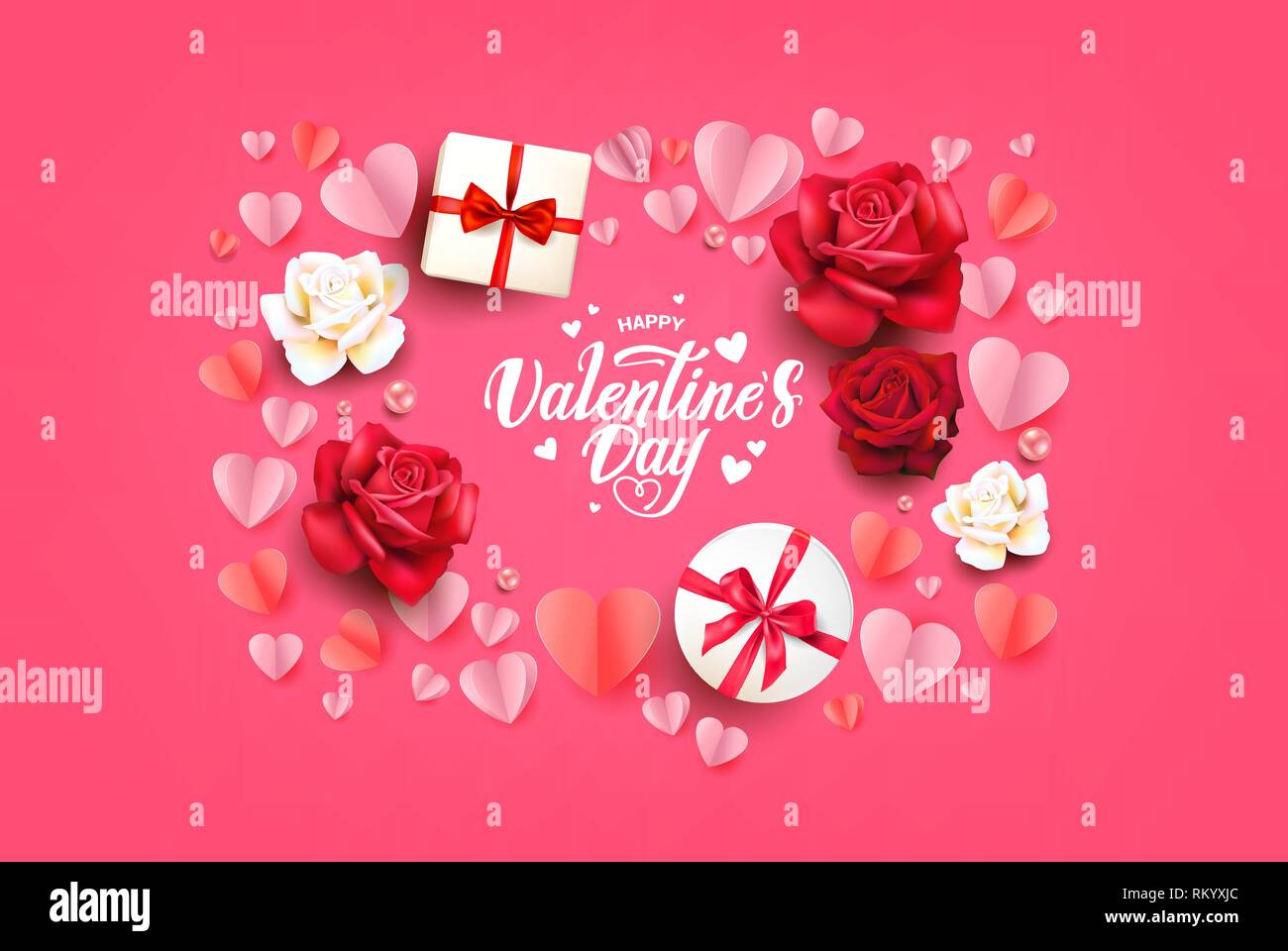 Felice il giorno di san valentino biglietto di auguri con rose, cuori di elementi di forma e il nastro. Illustrazione Vettoriale. Illustrazione Vettoriale