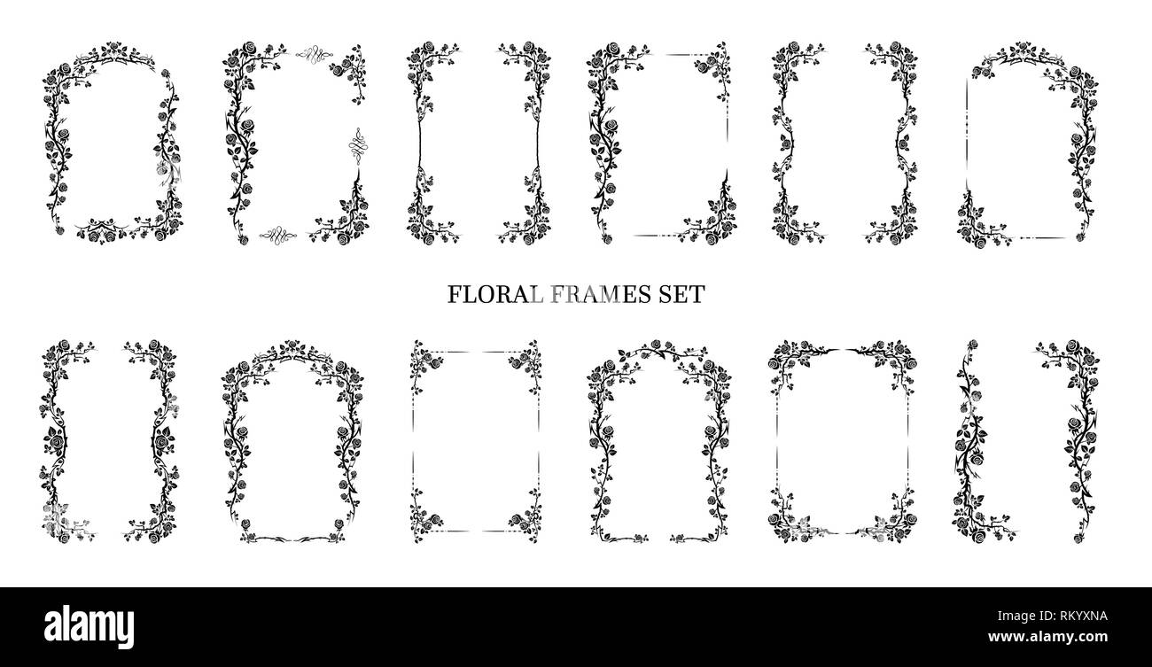 Nero elegante set di cornici di rose per le feste di nozze di design, anniversario festa di compleanno. Per l'invito, biglietto, foglio, banner, poster e il tatuaggio. Fairy prosperare gli elementi di design Illustrazione Vettoriale