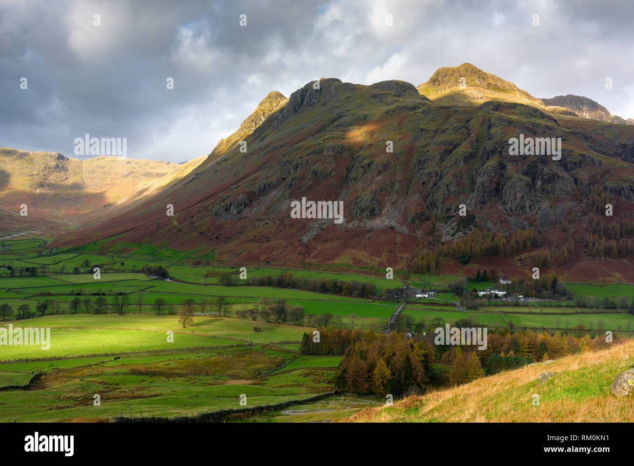 Veduta autunnale del Langdale Valley e The Langdale Pikes nel Parco Nazionale del Distretto dei Laghi, Cumbria, Inghilterra. Foto Stock