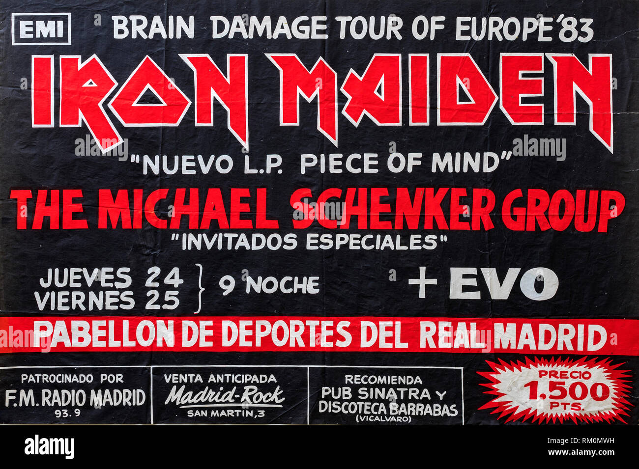 Iron Maiden e un pezzo di mente promo album e tour 1983 Madrid, concerto musicale poster Foto Stock