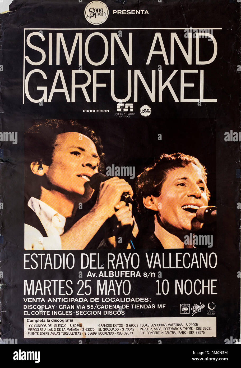 Simon and Garfunkel, Madrid Rayo Vallecano 1982 tour, concerto musicale poster Foto Stock