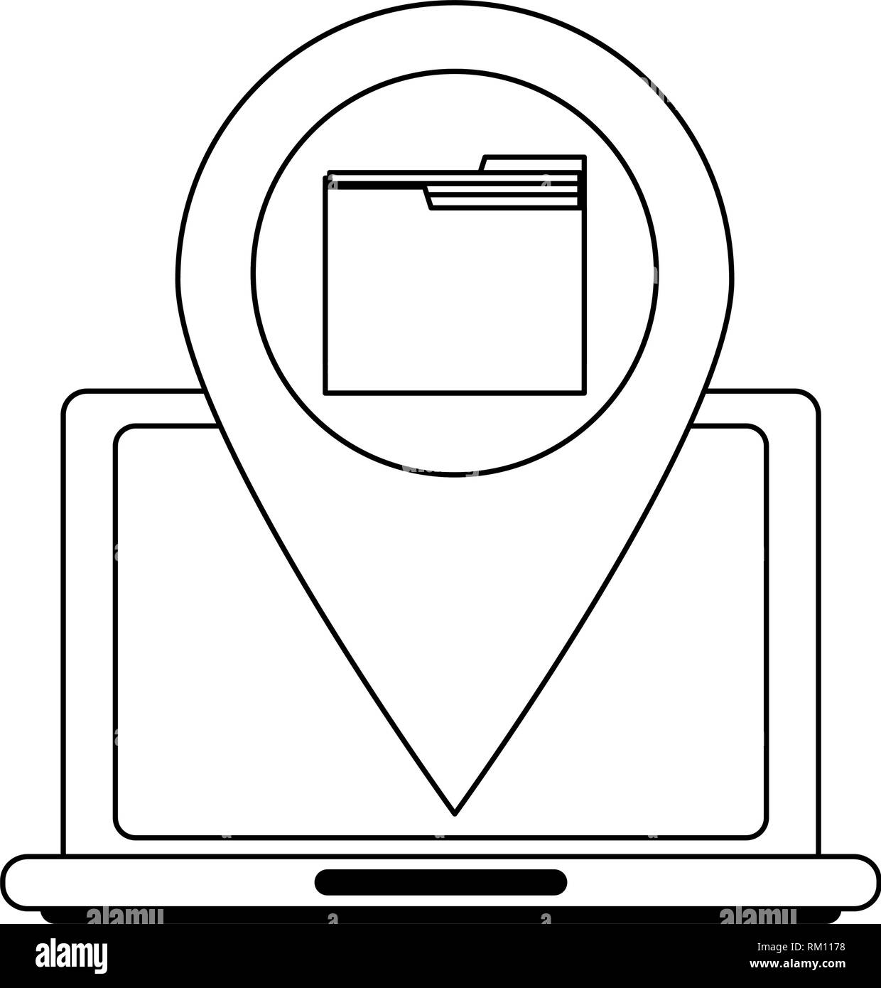 Computer portatile con cartella posizione pin in bianco e nero Illustrazione Vettoriale