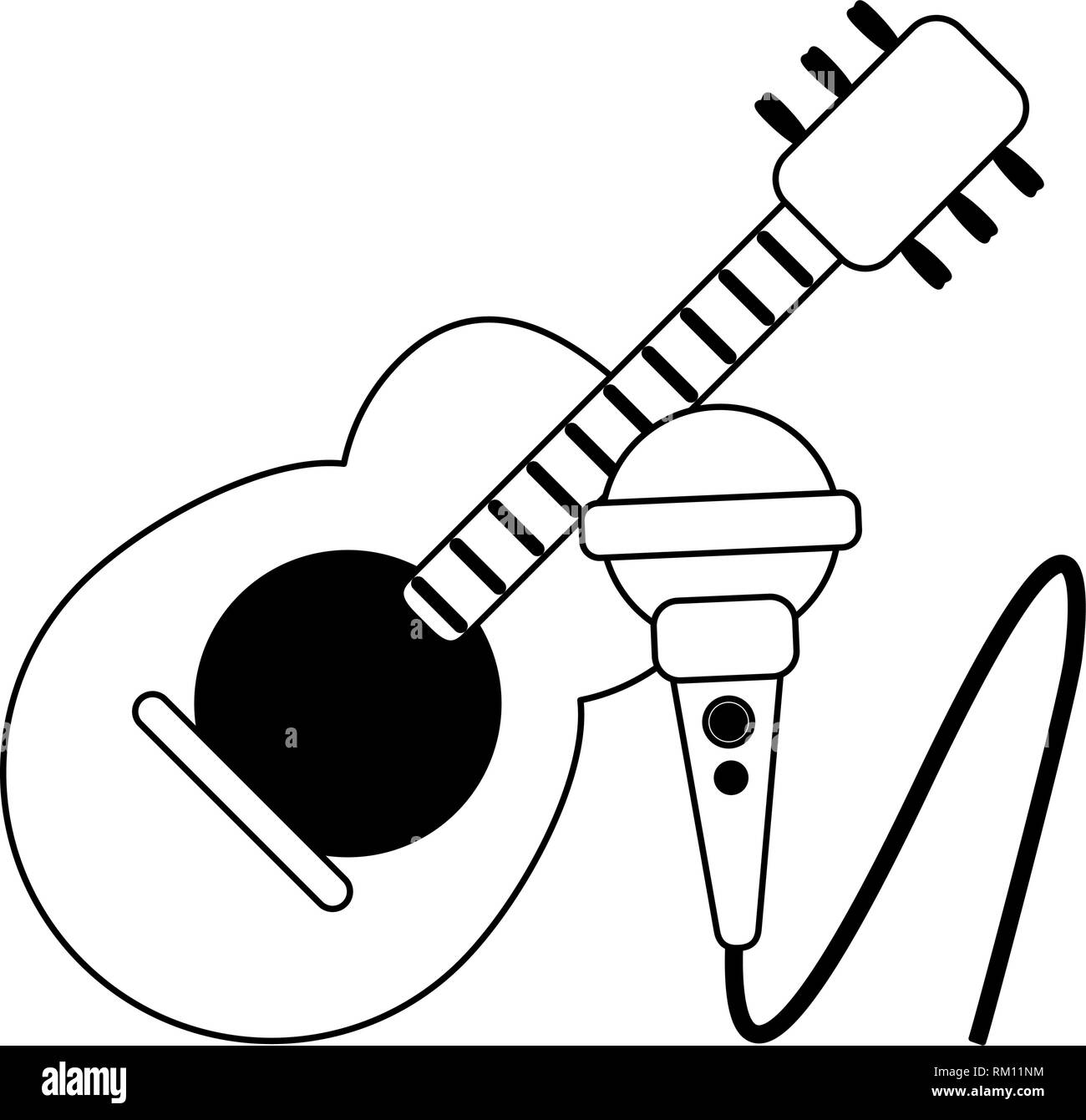Chitarra acustica e microfono cartoon in bianco e nero Illustrazione Vettoriale