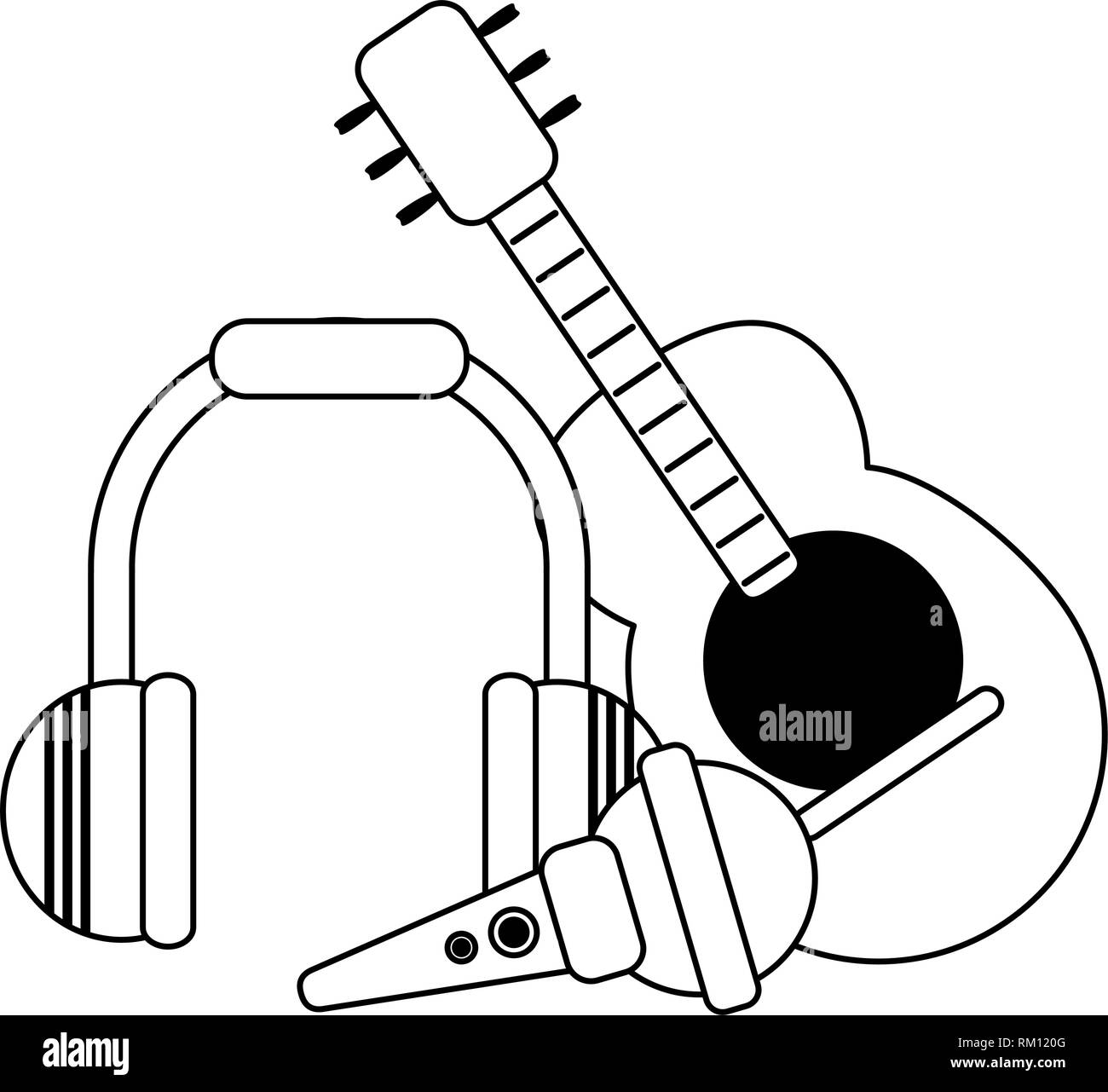 Chitarra acustica per microfono e cuffie per musica in bianco e nero Illustrazione Vettoriale