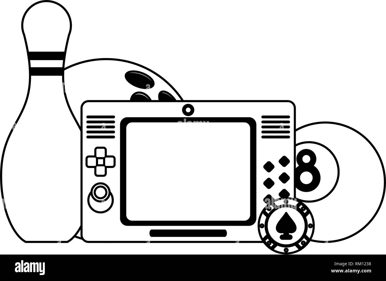 Console di videogiochi con piscina a sfera e bowling in bianco e nero Illustrazione Vettoriale