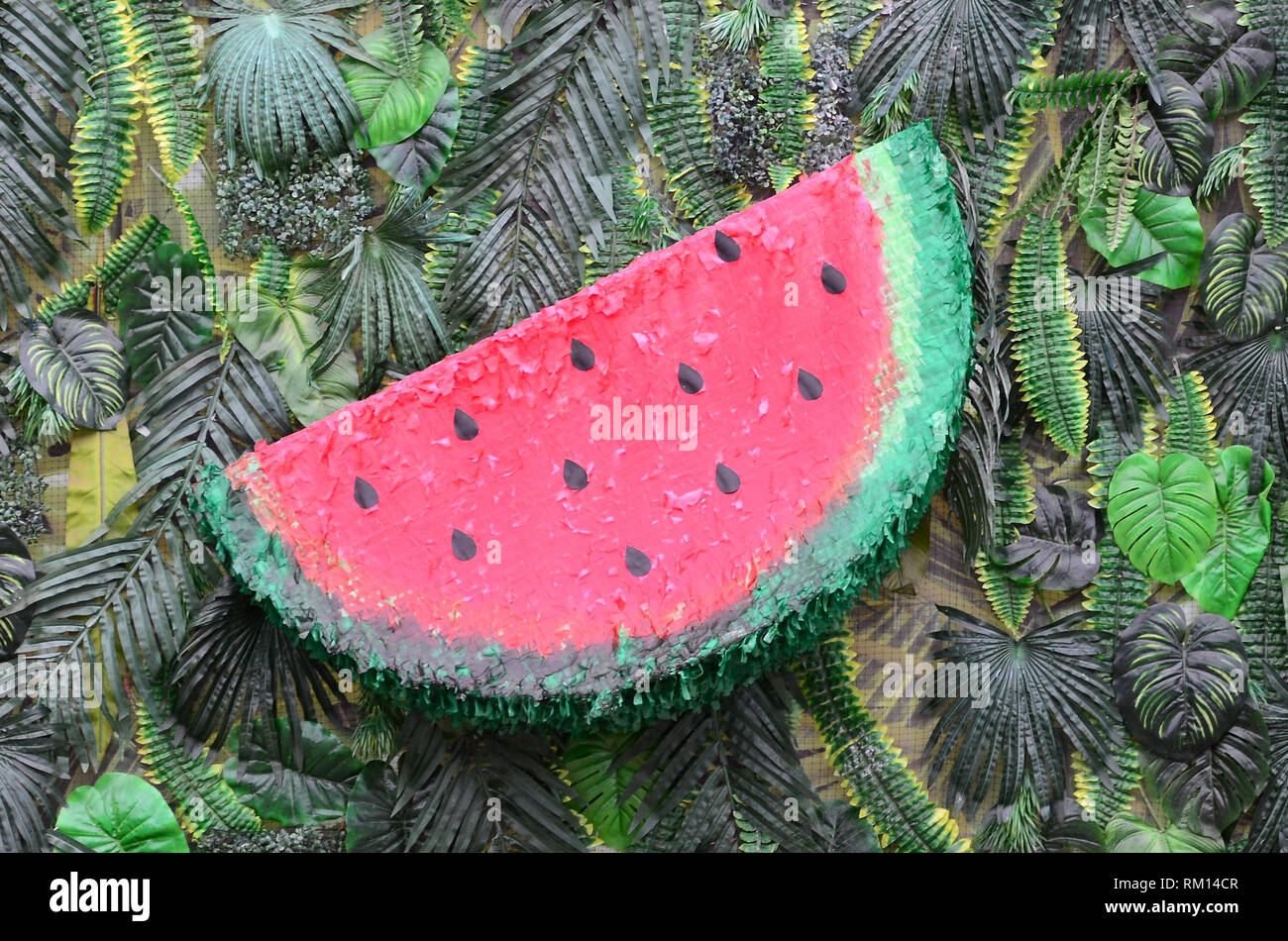 Modello di tropicale con la giungla di foglie e frutti di anguria sfondo floreale. Anguria in plastica con strato di foglie di palma Foto Stock