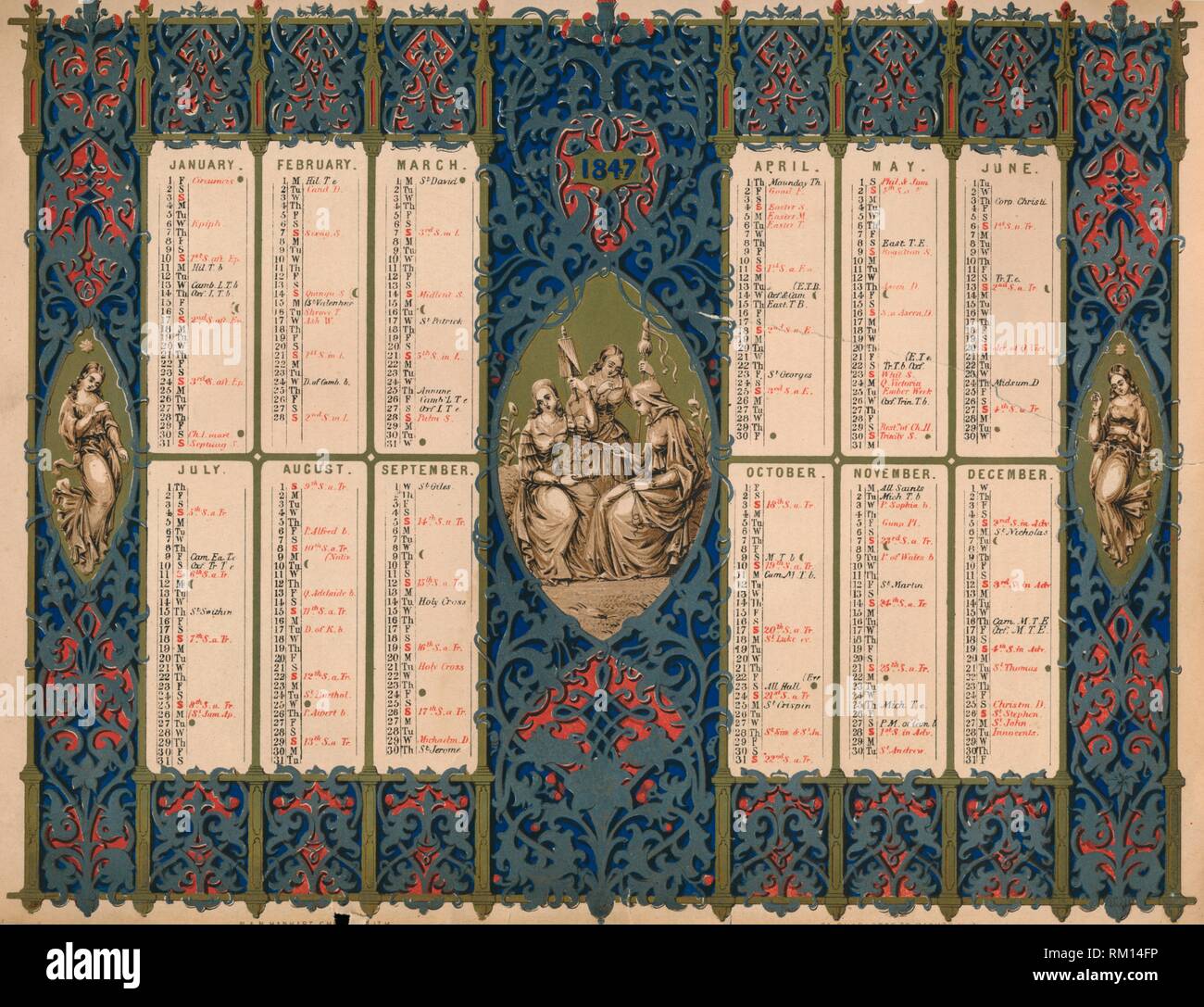 Calendario con i santi giorni e royal compleanni, 1847. Creatore: M & Hanhart n. Foto Stock