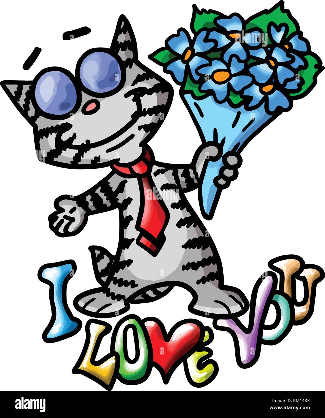 Cartoon cat dire ti amo in modo più bello tenendo un mazzo di fiori illustrazione vettoriale il giorno di san valentino, 14 febbraio Illustrazione Vettoriale