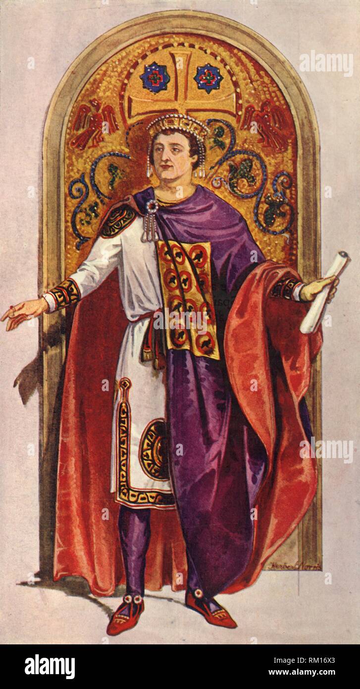 "L'imperatore Giustiniano - sesto secolo D.C.', 1924. Creatore: Herbert Norris. Foto Stock