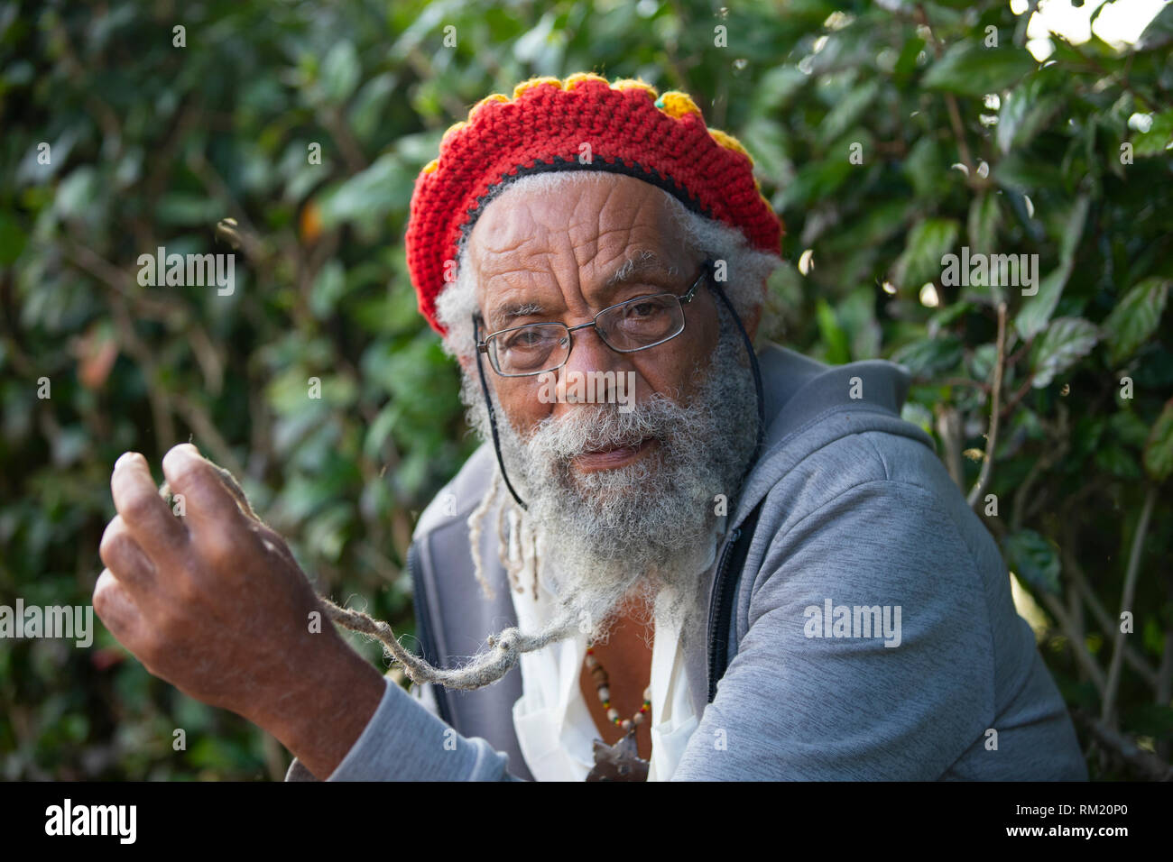 Blue Mountain, Sant'Andrea / Giamaica - Febbraio 2, 2019: Ritratto di un senior Rastafarian presso il villaggio di Rasta Sant Andrea, Giamaica Foto Stock