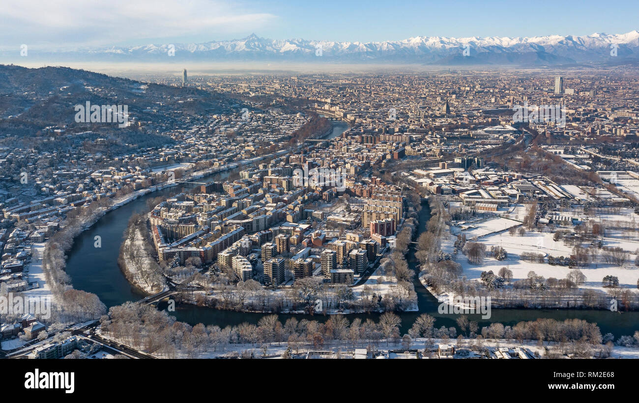Torino, Italia, orario invernale a Torino, drone fotografia aerea della città. Foto Stock