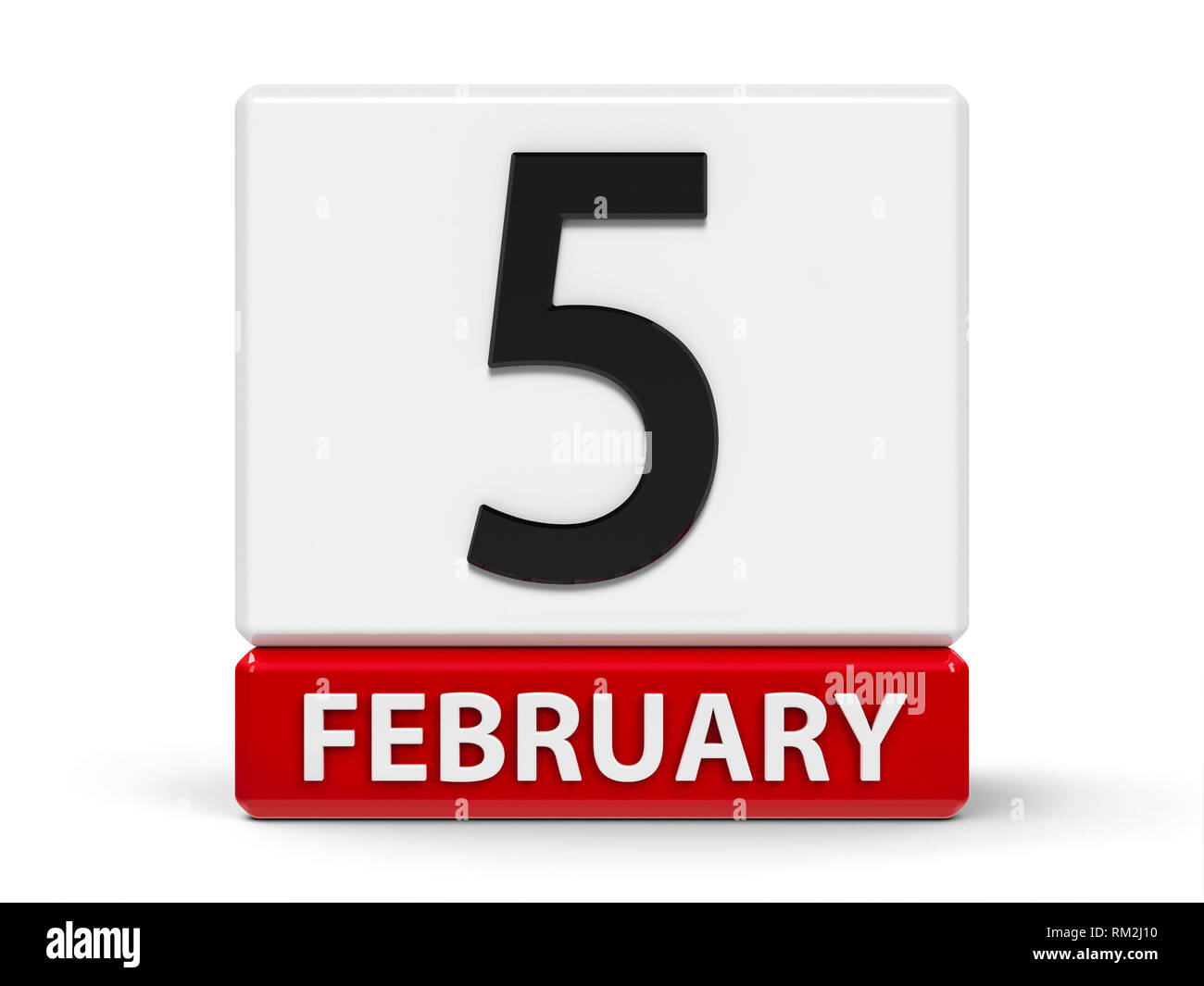 Rosso e bianco sull'icona del calendario dai cubi - il quinto di febbraio - su un tavolo bianco, tridimensionale, rendering 3D illustrazione Foto Stock