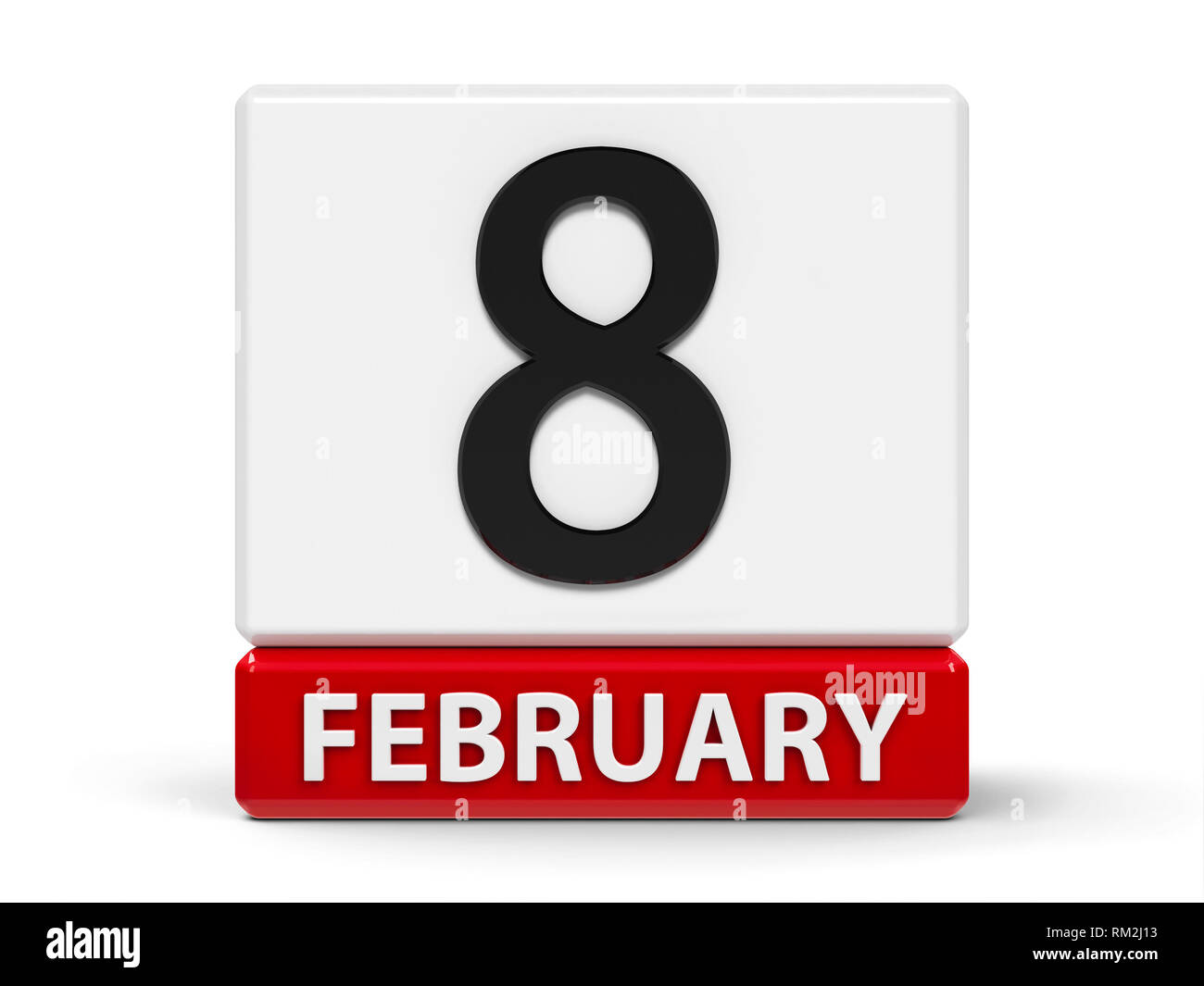 Rosso e bianco sull'icona del calendario dai cubi - l'Ottava di febbraio - su un tavolo bianco, tridimensionale, rendering 3D illustrazione Foto Stock