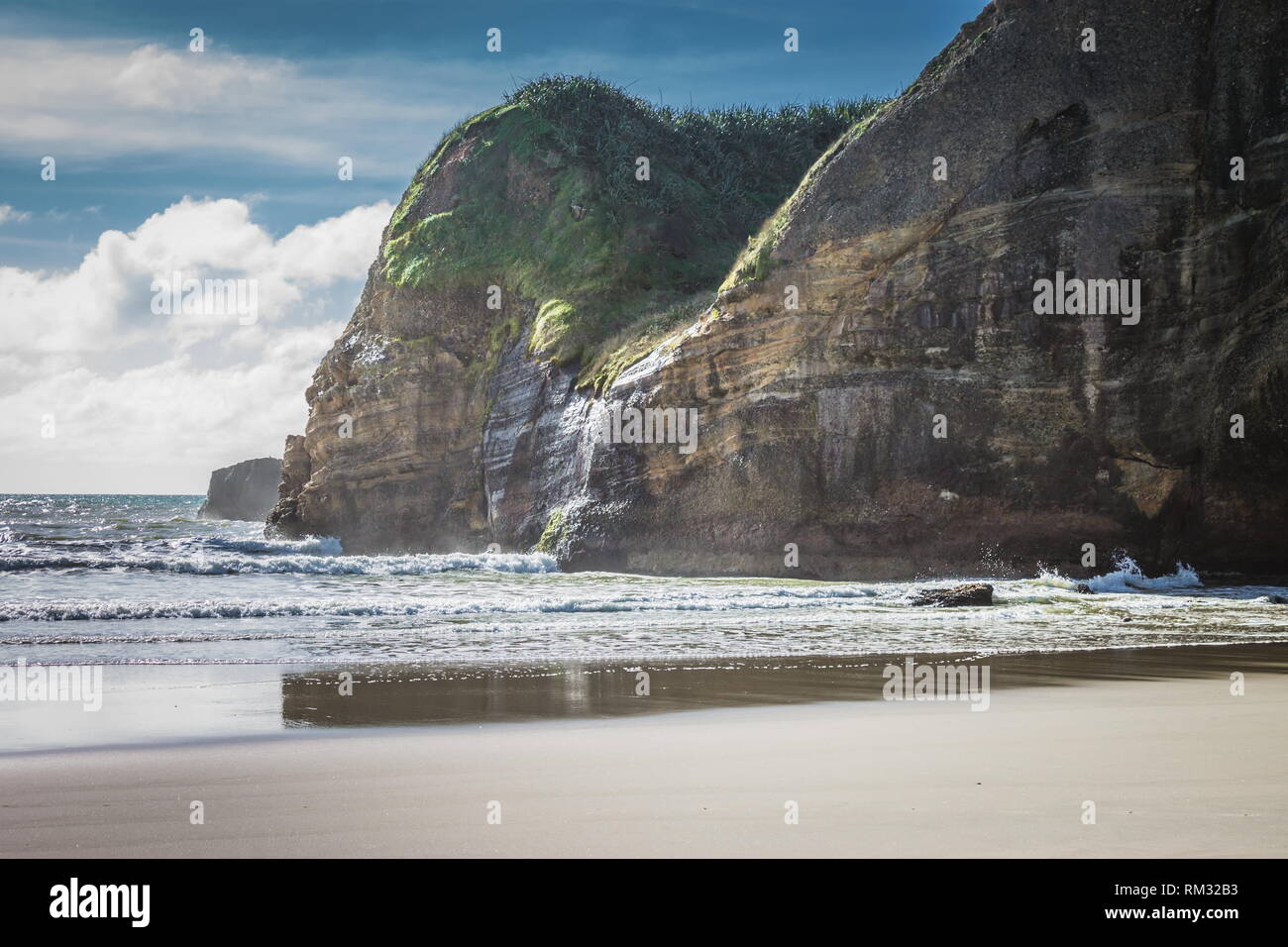 Coastal cliff fronti dove la terra incontra il mare. Wharariki Beach è una spiaggia a ovest di capo di commiato, il punto più settentrionale dell'Isola del Sud della Nuova Foto Stock
