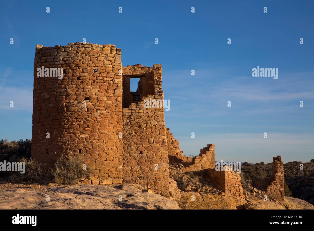 Hovenweep Castello, nel tardo pomeriggio, ancestrale Pueblo, Hovenweep National Monument, Utah, Stati Uniti d'America Foto Stock