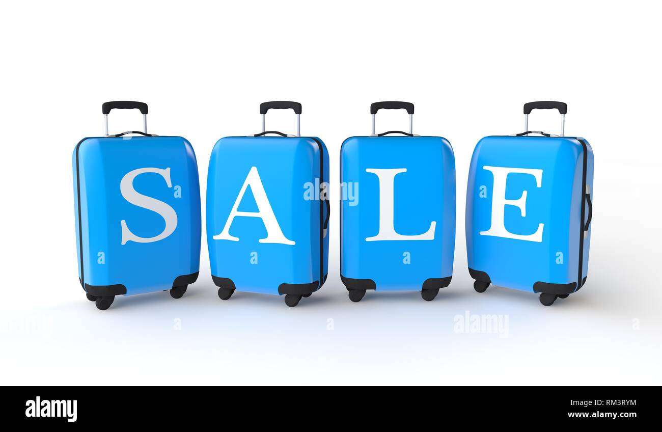 Promozione per l'estate. Bagagli con messaggio di vendita. Il rendering 3D Foto Stock