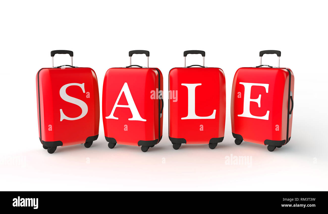Promozione per l'estate. Bagagli con messaggio di vendita. Il rendering 3D Foto Stock