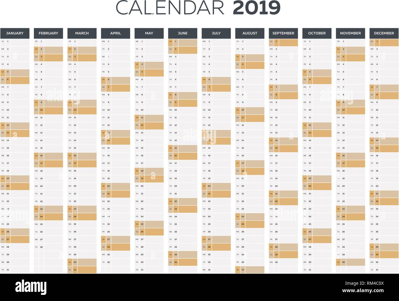 Business planner calendario template vettoriale per l'anno 2019 Illustrazione Vettoriale