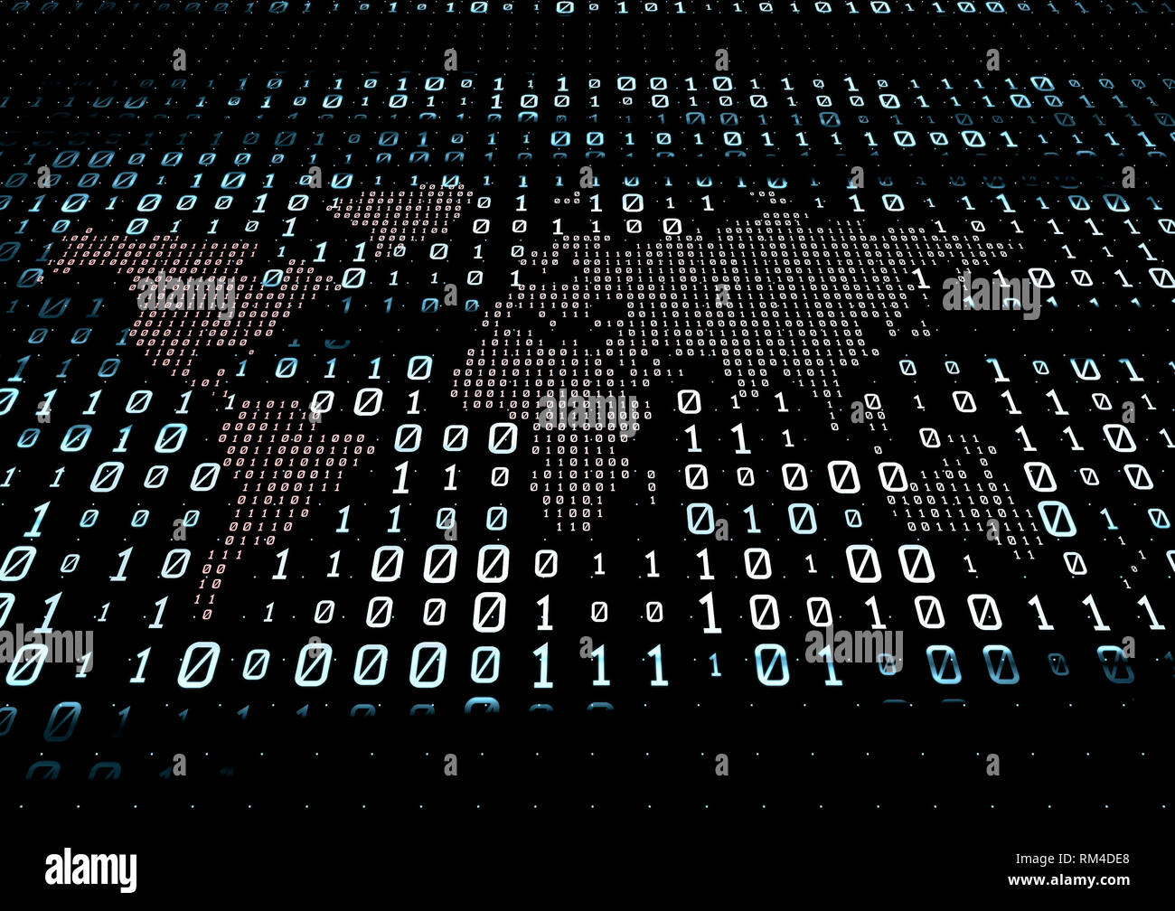 Matrice di rete a codice binario, mappa mondiale, trasmissione e memorizzazione dei dati Foto Stock